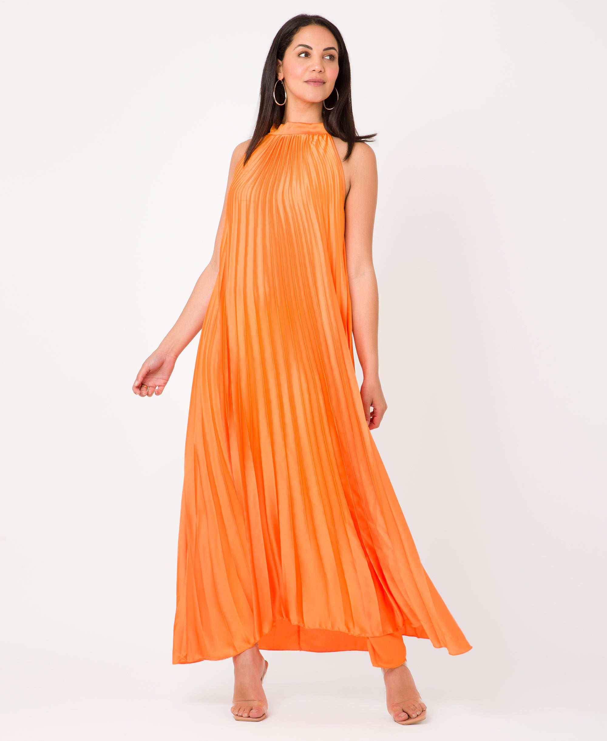 KRISP Plain Pleated Satin Halterneck Maxi Dress (11111)